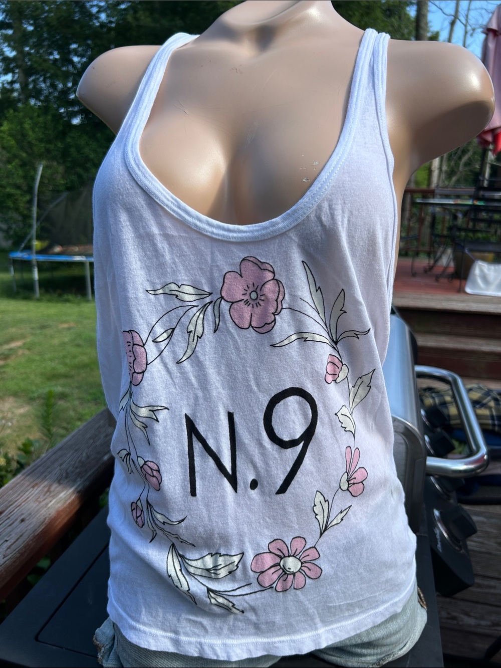 Wildfox White Racerback Tank with Pink Floral Wreath and N.9 Graphic